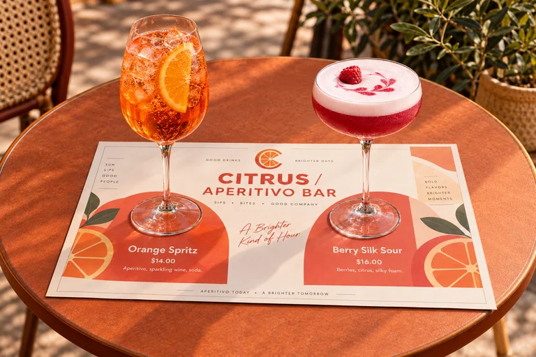 CITRUS apricot and coral single-page cocktail menu with an orange C logo, a tall orange spritz and a berry sour with silky foam, with sample prices.