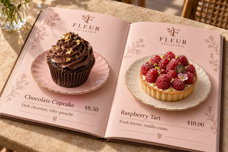 FLEUR blush pink floral menu book with a tall chocolate cupcake and a raspberry tart on delicate plates, with sample prices.
