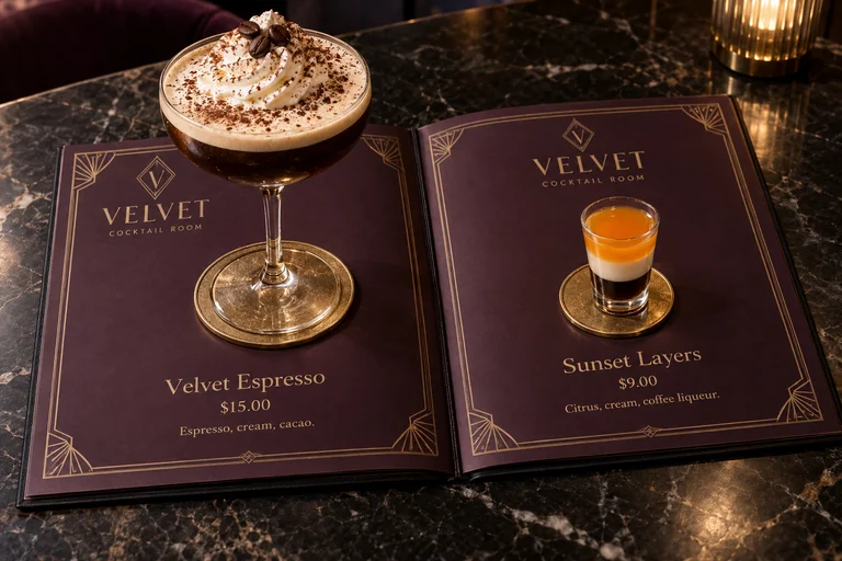 VELVET plum and gold menu book with a large espresso cocktail topped with cream and a much smaller three-layer shot, with sample prices.