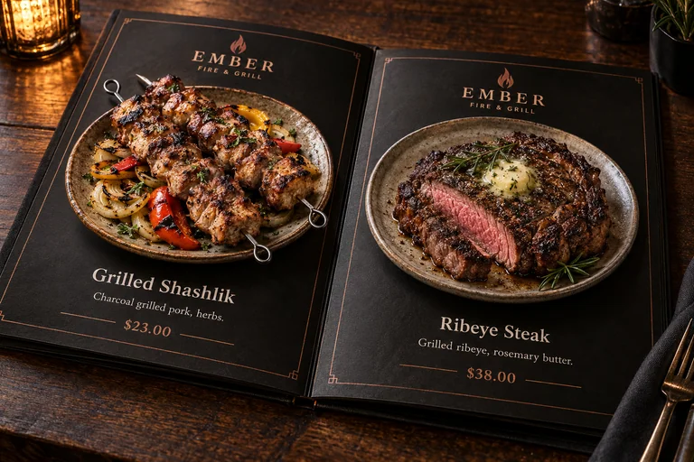 EMBER dark copper menu with grilled shashlik and a sliced ribeye steak on ceramic plates above the menu pages, with sample prices.