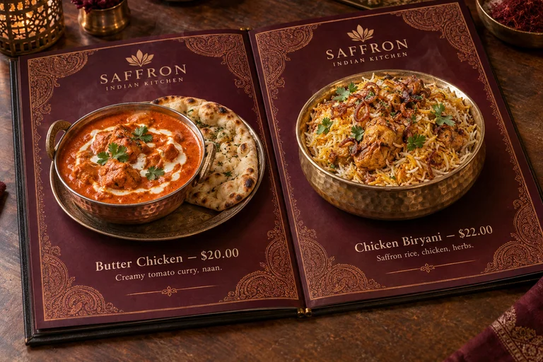 SAFFRON burgundy menu book with copper paisley borders, butter chicken and chicken biryani in large metal bowls above its pages, with sample prices.
