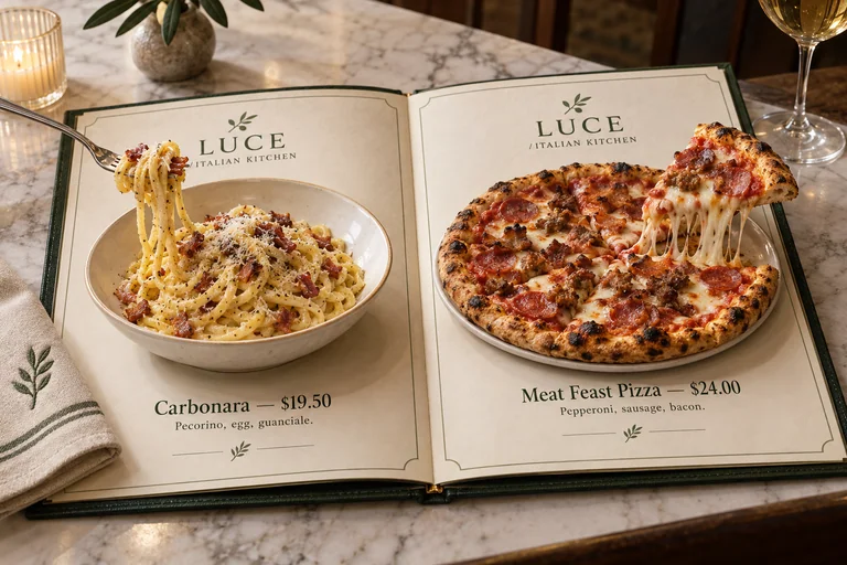 LUCE ivory and olive menu book with a bowl of carbonara and a meat pizza standing above the pages, with names and sample prices.