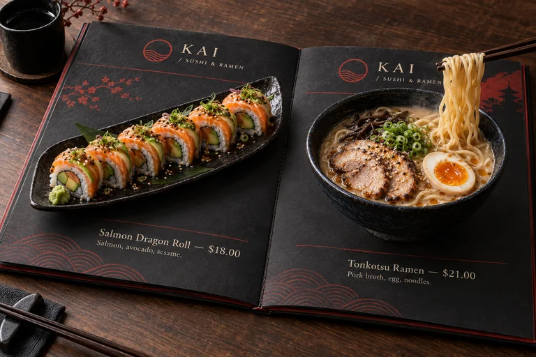KAI charcoal menu book with realistic salmon sushi rolls and ramen with lifted noodles, vermilion wave logos and sample prices.