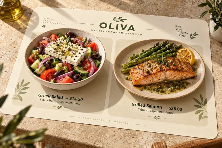 OLIVA rounded cream single-page menu with an olive-leaf logo, a large Greek salad and grilled salmon on ceramic dishes above the card, with sample prices.