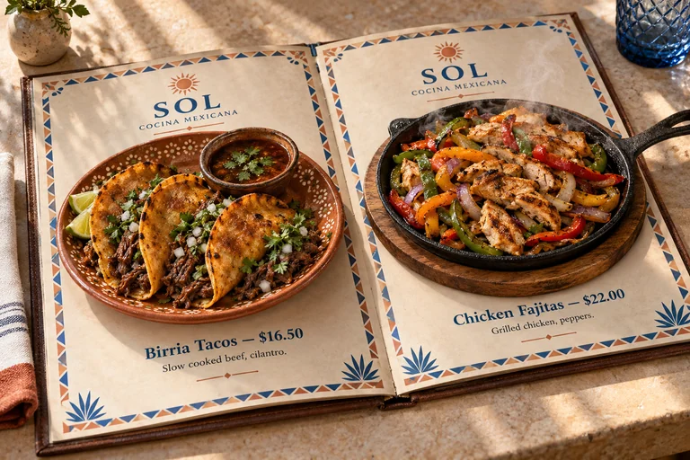 SOL Mexican menu book with a sun logo, birria tacos on a terracotta plate and chicken fajitas on a skillet, with sample prices.