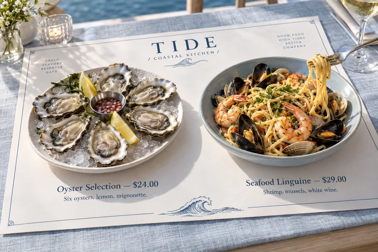 TIDE single white and blue menu sheet with an oyster platter and seafood linguine standing on the paper, a wave logo and sample prices.