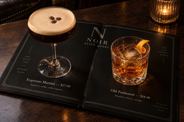 NOIR black and silver menu book with an N monogram, espresso martini and amber Old Fashioned in realistic full-size glassware above the pages, with sample prices.
