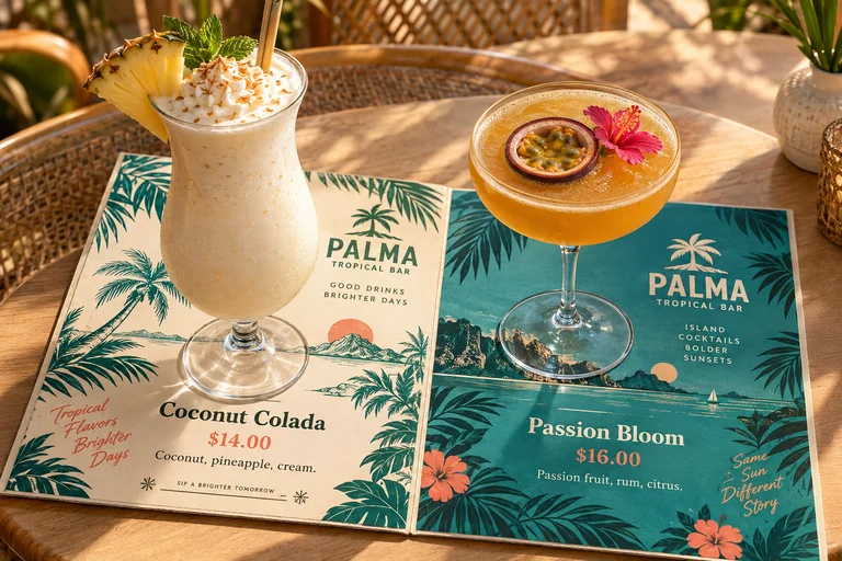 PALMA turquoise and cream fold-out cocktail menu with palm logos, a large creamy coconut colada and passion-fruit cocktail in full-size glasses, with sample prices.